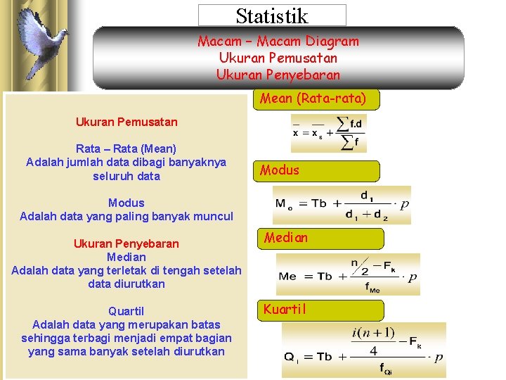Statistik Macam – Macam Diagram Ukuran Pemusatan Ukuran Penyebaran Mean (Rata-rata) Ukuran Pemusatan Rata