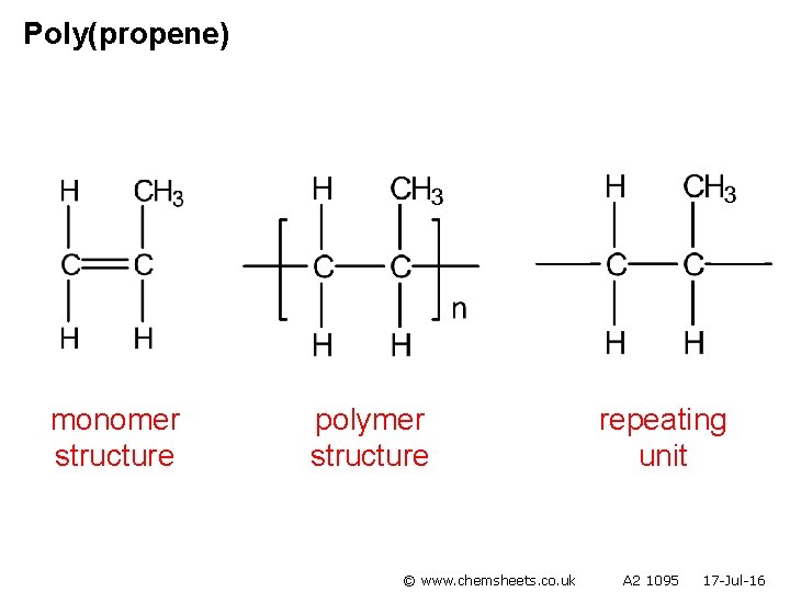 Poly(propene) monomer structure polymer structure © www. chemsheets. co. uk repeating unit A 2
