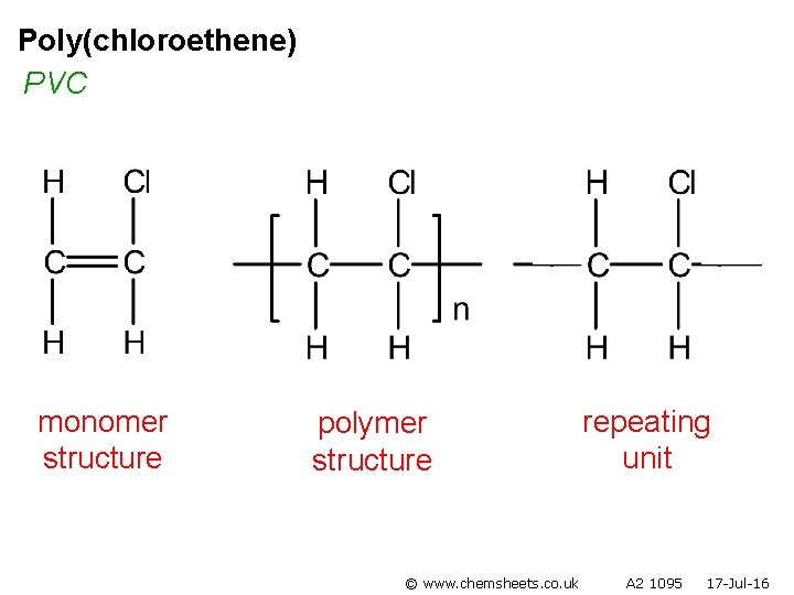Poly(chloroethene) PVC monomer structure polymer structure © www. chemsheets. co. uk repeating unit A