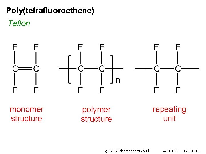 Poly(tetrafluoroethene) Teflon monomer structure polymer structure © www. chemsheets. co. uk repeating unit A