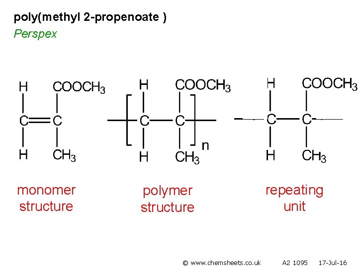 poly(methyl 2 -propenoate ) Perspex monomer structure polymer structure © www. chemsheets. co. uk