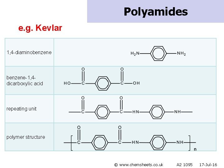 Polyamides e. g. Kevlar 1, 4 -diaminobenzene-1, 4 dicarboxylic acid repeating unit polymer structure