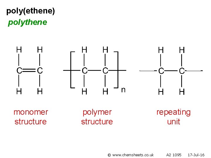 poly(ethene) polythene monomer structure polymer structure © www. chemsheets. co. uk repeating unit A