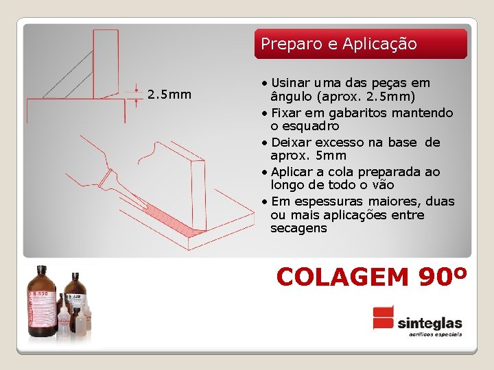 Preparo e Aplicação 2. 5 mm • Usinar uma das peças em ângulo (aprox.