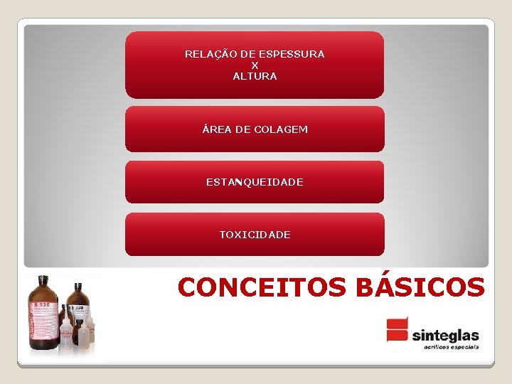 RELAÇÃO DE ESPESSURA X ALTURA ÁREA DE COLAGEM ESTANQUEIDADE TOXICIDADE CONCEITOS BÁSICOS 