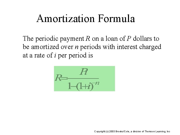 Amortization Formula The periodic payment R on a loan of P dollars to be