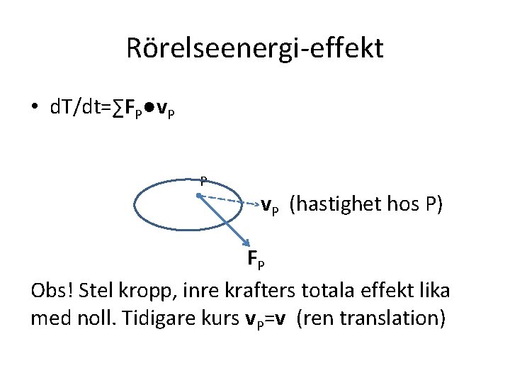 Rörelseenergi-effekt • d. T/dt=∑FP●v. P P v. P (hastighet hos P) FP Obs! Stel