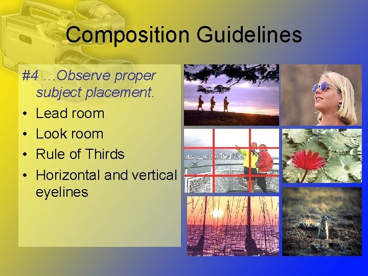 Composition Guidelines #4 …Observe proper subject placement. • Lead room • Look room •