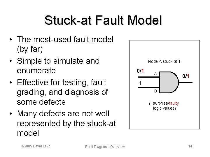 Stuck-at Fault Model • The most-used fault model (by far) • Simple to simulate