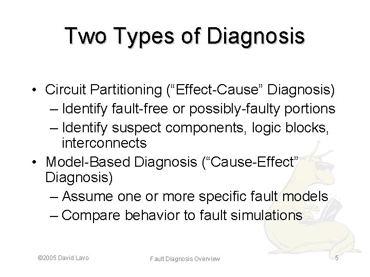 Two Types of Diagnosis • Circuit Partitioning (“Effect-Cause” Diagnosis) – Identify fault-free or possibly-faulty