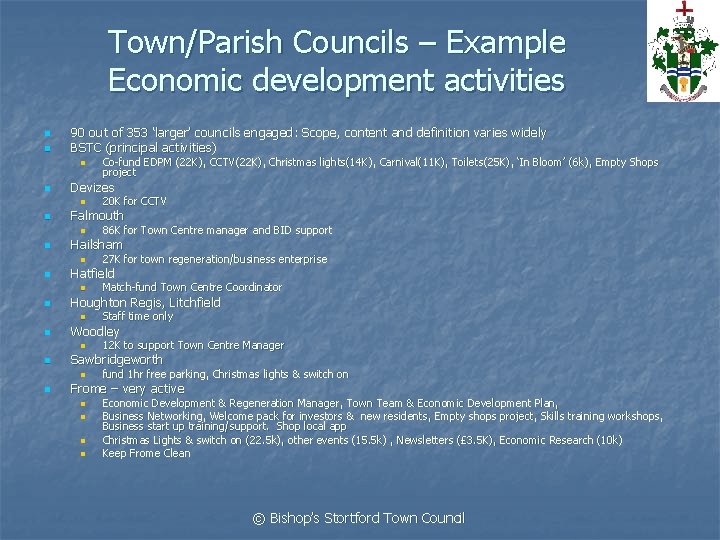 Town/Parish Councils – Example Economic development activities n n 90 out of 353 ‘larger’