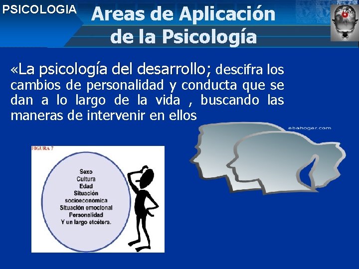 PSICOLOGIA Areas de Aplicación de la Psicología «La psicología del desarrollo; descifra los cambios