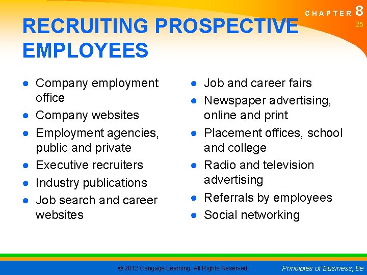 RECRUITING PROSPECTIVE EMPLOYEES ● Company employment office ● Company websites ● Employment agencies, public