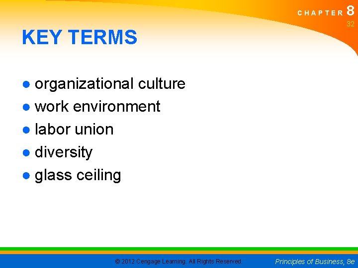 CHAPTER KEY TERMS 8 32 ● organizational culture ● work environment ● labor union