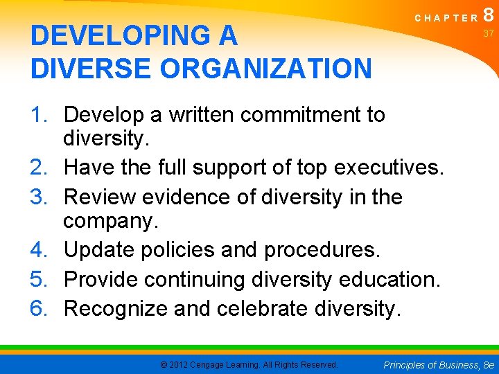 DEVELOPING A DIVERSE ORGANIZATION CHAPTER 8 37 1. Develop a written commitment to diversity.