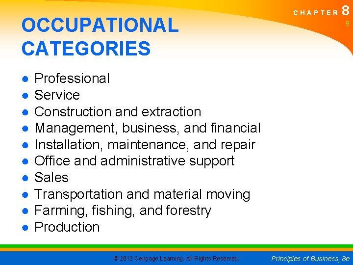 OCCUPATIONAL CATEGORIES ● ● ● ● ● CHAPTER 8 9 Professional Service Construction and