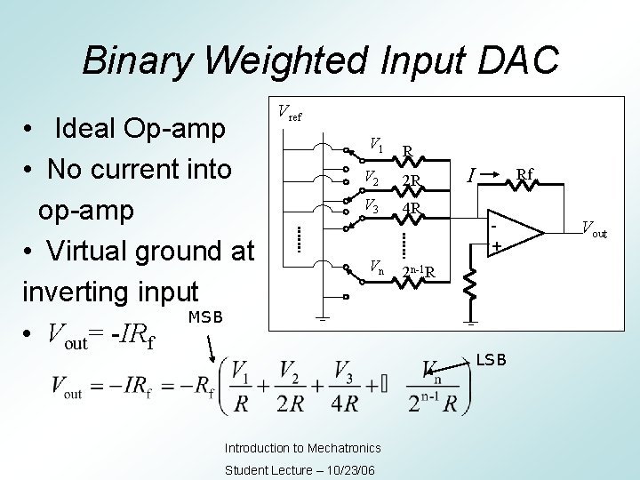 Binary Weighted Input DAC • Ideal Op-amp • No current into op-amp • Virtual