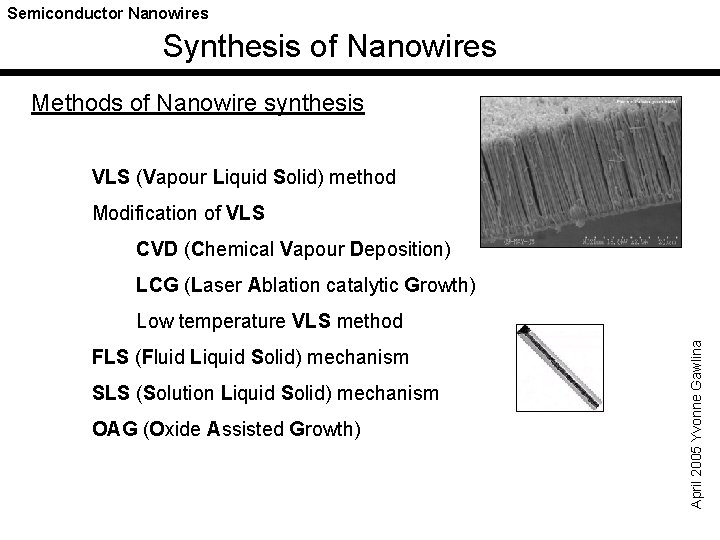 Semiconductor Nanowires Synthesis of Nanowires Methods of Nanowire synthesis VLS (Vapour Liquid Solid) method