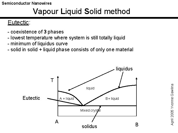 Semiconductor Nanowires Vapour Liquid Solid method Eutectic: - coexistence of 3 phases - lowest
