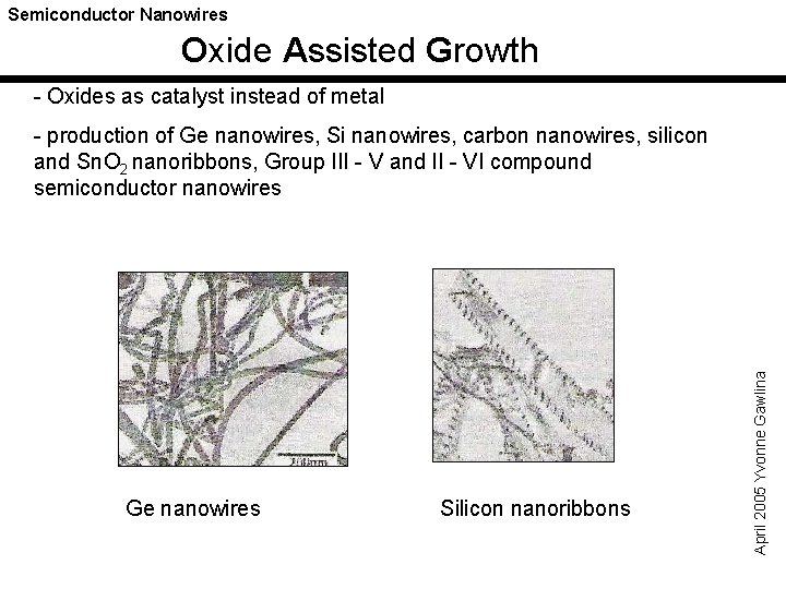 Semiconductor Nanowires Oxide Assisted Growth - Oxides as catalyst instead of metal Ge nanowires