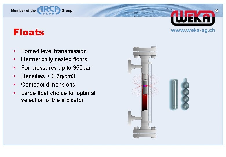 Floats • • • Forced level transmission Hermetically sealed floats For pressures up to