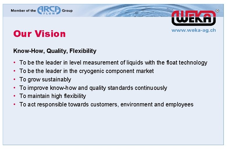 Our Vision Know-How, Quality, Flexibility • • • To be the leader in level