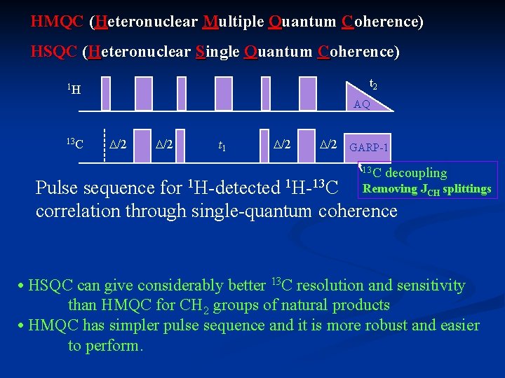 HMQC (Heteronuclear Multiple Quantum Coherence) HSQC (Heteronuclear Single Quantum Coherence) t 2 1 H HMQC (Heteronuclear Multiple Quantum Coherence) HSQC (Heteronuclear Single Quantum Coherence) t 2 1 H