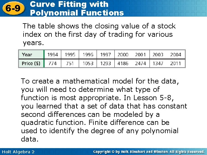 6 -9 Curve Fitting with Polynomial Functions The table shows the closing value of