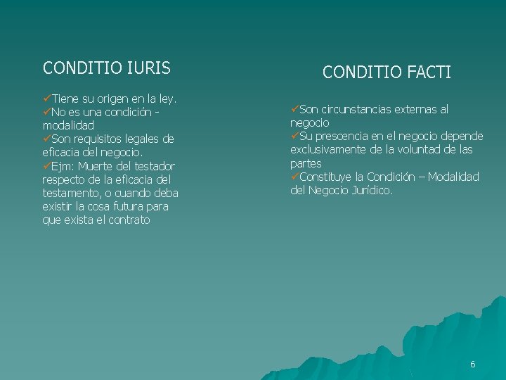 CONDITIO IURIS üTiene su origen en la ley. üNo es una condición modalidad üSon