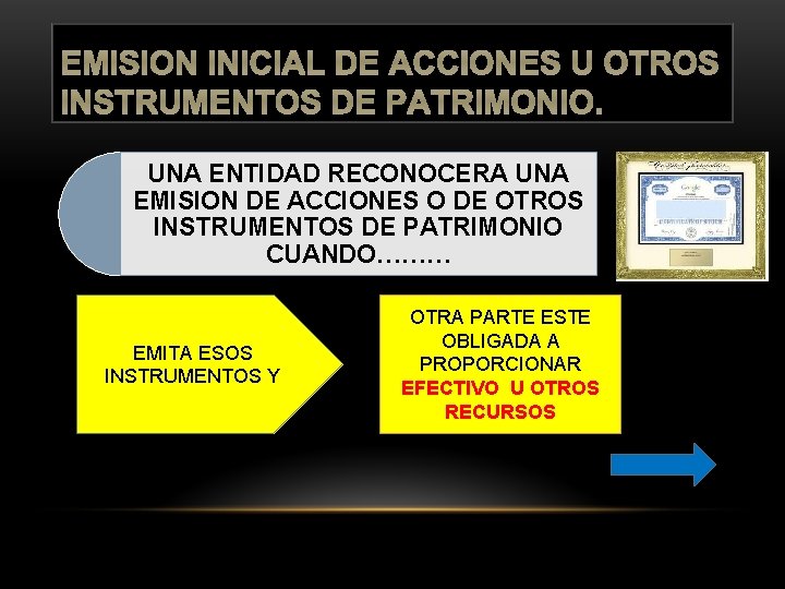 EMISION INICIAL DE ACCIONES U OTROS INSTRUMENTOS DE PATRIMONIO. UNA ENTIDAD RECONOCERA UNA EMISION