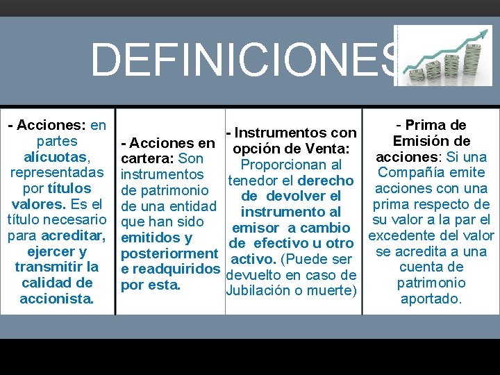 DEFINICIONES - Acciones: en partes alícuotas, representadas por títulos valores. Es el título necesario