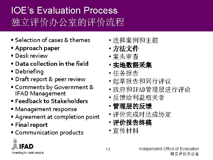 IOE’s Evaluation Process 独立评价办公室的评价流程 • Selection of cases & themes • Approach paper •