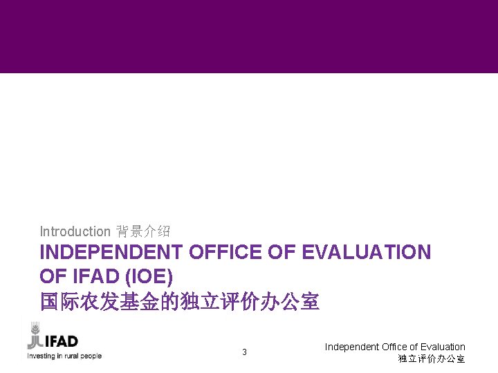 Introduction 背景介绍 INDEPENDENT OFFICE OF EVALUATION OF IFAD (IOE) 国际农发基金的独立评价办公室 3 Independent Office of