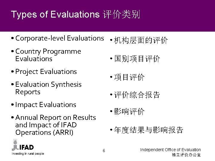 Types of Evaluations 评价类别 • Corporate-level Evaluations • 机构层面的评价 • Country Programme Evaluations •