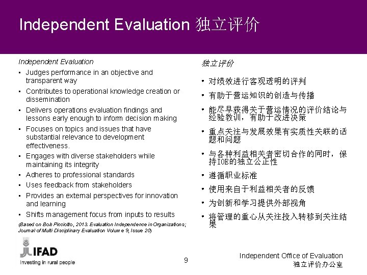 Independent Evaluation 独立评价 Independent Evaluation • Judges performance in an objective and transparent way