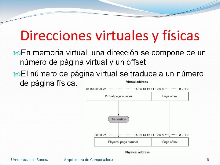 Direcciones virtuales y físicas En memoria virtual, una dirección se compone de un número