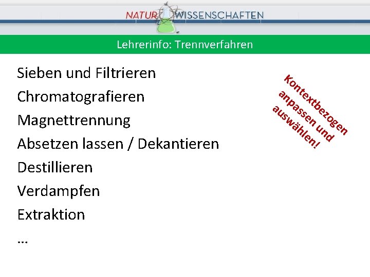 Lehrerinfo: Trennverfahren Sieben und Filtrieren Chromatografieren Magnettrennung Absetzen lassen / Dekantieren Destillieren Verdampfen Extraktion