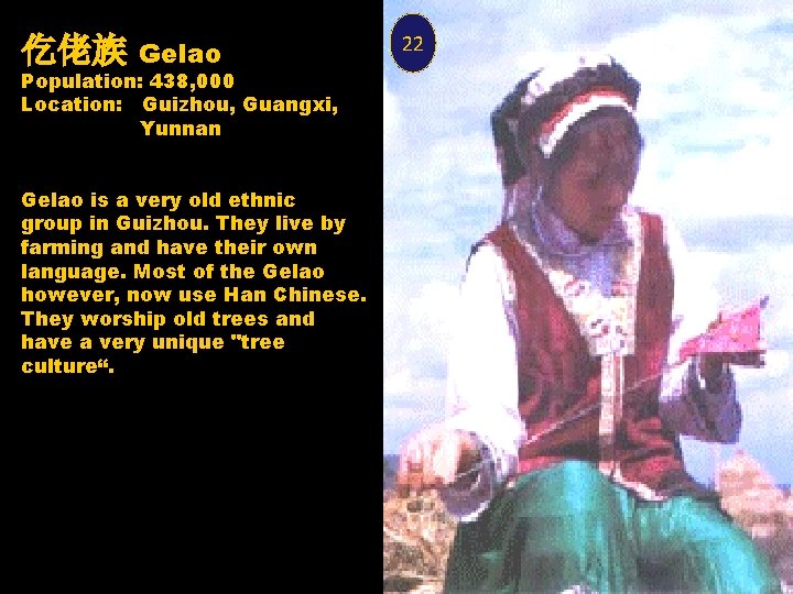 仡佬族 Gelao Population: 438, 000 Location: Guizhou, Guangxi, Yunnan Gelao is a very old