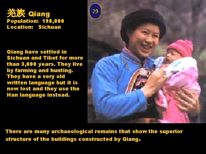 羌族 Qiang 29 Population: 198, 000 Location: Sichuan Qiang have settled in Sichuan and