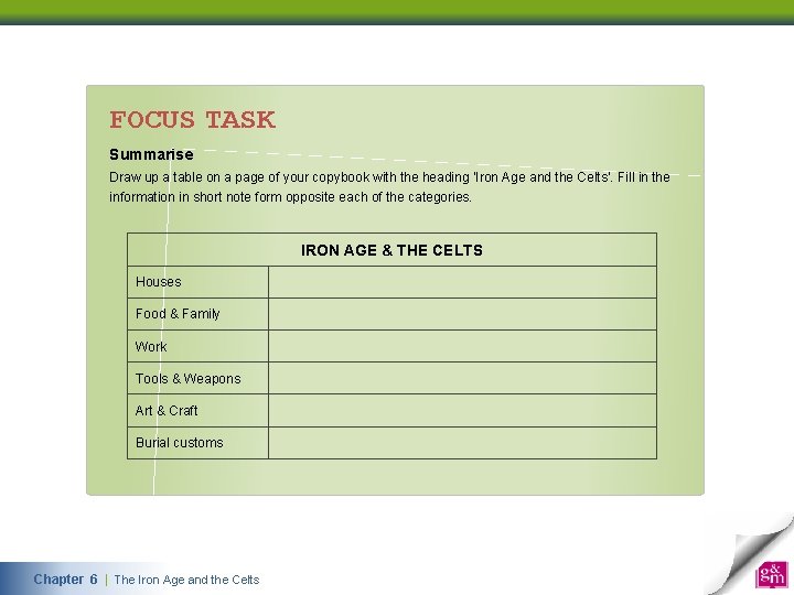 FOCUS TASK Summarise Draw up a table on a page of your copybook with