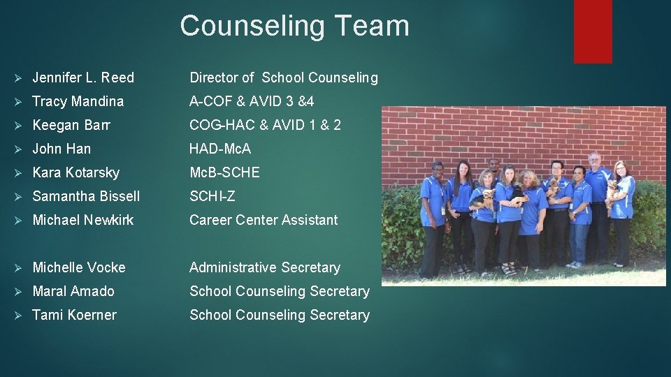 Counseling Team Ø Jennifer L. Reed Director of School Counseling Ø Tracy Mandina A-COF