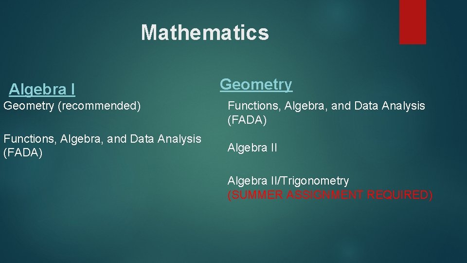 Mathematics Algebra I Geometry (recommended) Functions, Algebra, and Data Analysis (FADA) Geometry Functions, Algebra,
