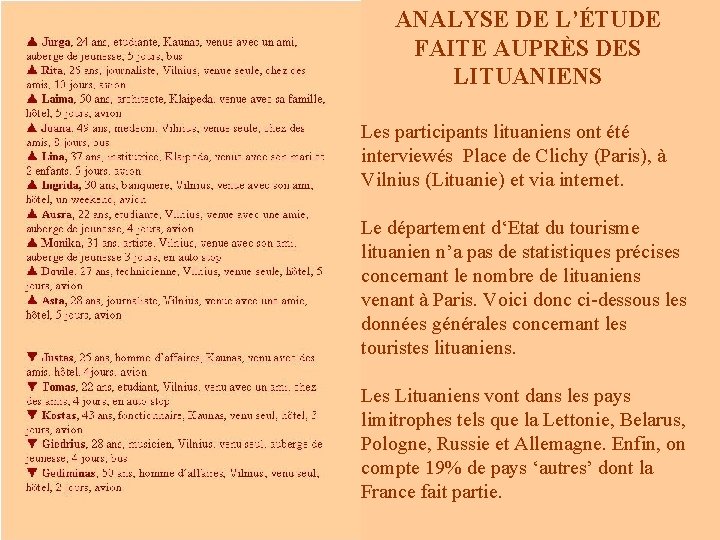 ANALYSE DE L’ÉTUDE FAITE AUPRÈS DES LITUANIENS Les participants lituaniens ont été interviewés Place