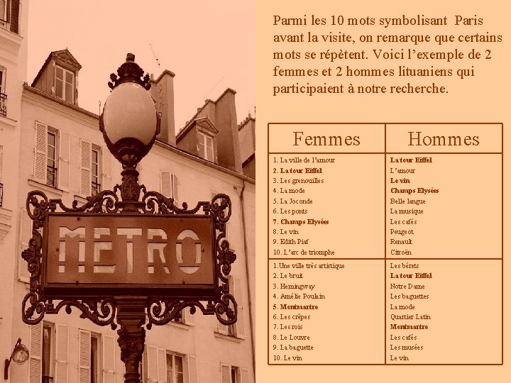 Parmi les 10 mots symbolisant Paris avant la visite, on remarque certains mots se Parmi les 10 mots symbolisant Paris avant la visite, on remarque certains mots se
