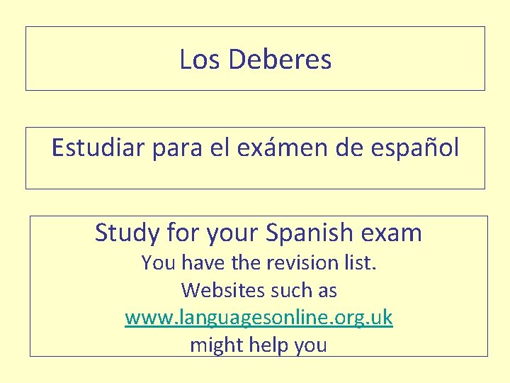 Los Deberes Estudiar para el exámen de español Study for your Spanish exam You