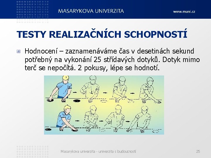 TESTY REALIZAČNÍCH SCHOPNOSTÍ Hodnocení – zaznamenáváme čas v desetinách sekund potřebný na vykonání 25