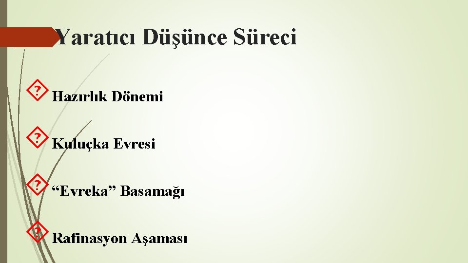 Yaratıcı Düşünce Süreci Hazırlık Dönemi Kuluçka Evresi “Evreka” Basamağı Rafinasyon Aşaması Yaratıcı Düşünce Süreci Hazırlık Dönemi Kuluçka Evresi “Evreka” Basamağı Rafinasyon Aşaması