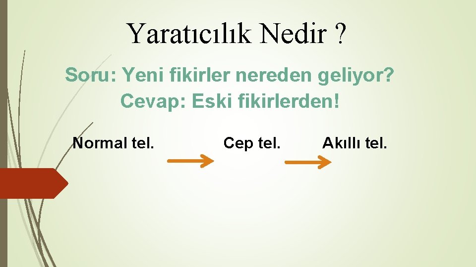 Yaratıcılık Nedir ? Soru: Yeni fikirler nereden geliyor? Cevap: Eski fikirlerden! Normal tel. Cep Yaratıcılık Nedir ? Soru: Yeni fikirler nereden geliyor? Cevap: Eski fikirlerden! Normal tel. Cep