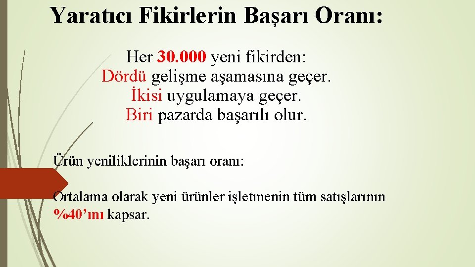 Yaratıcı Fikirlerin Başarı Oranı: Her 30. 000 yeni fikirden: Dördü gelişme aşamasına geçer. İkisi Yaratıcı Fikirlerin Başarı Oranı: Her 30. 000 yeni fikirden: Dördü gelişme aşamasına geçer. İkisi