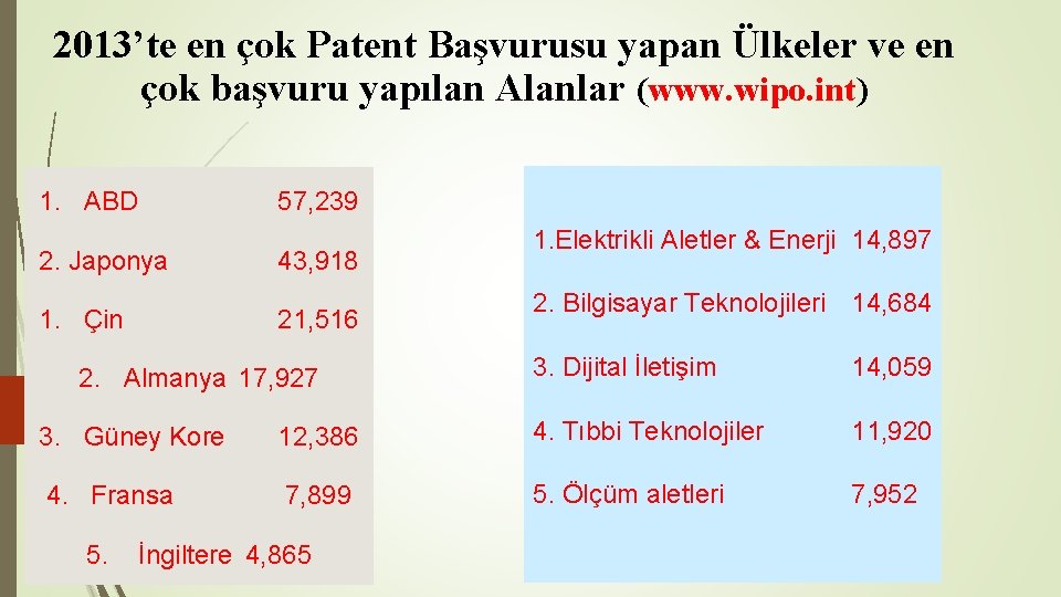2013’te en çok Patent Başvurusu yapan Ülkeler ve en çok başvuru yapılan Alanlar (www. 2013’te en çok Patent Başvurusu yapan Ülkeler ve en çok başvuru yapılan Alanlar (www.
